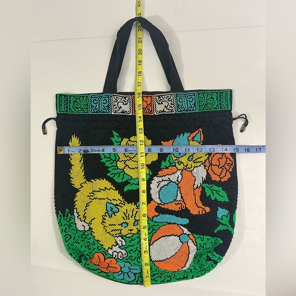 Vintage Beaded Cat Design Tote Bag - Black Green Yellow Orange Blue - Picture 6 of 15